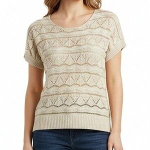 Carducci Womens Knit Top Gold Metallic Chevron Short Sleeve Sweater Beige Large
